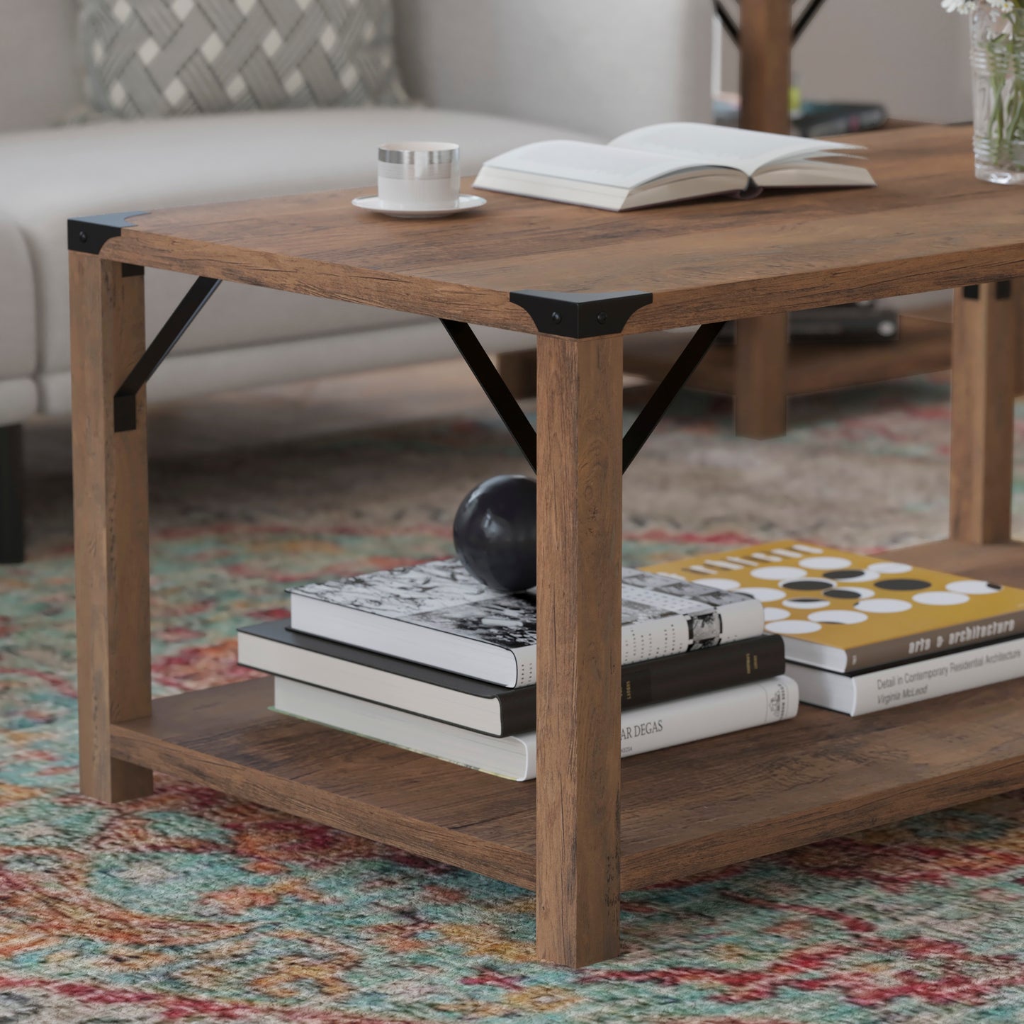 Wyatt Modern Farmhouse Wooden 2 Tier Coffee Table with Black Metal Corner Accents and Cross Bracing, Rustic Oak Rustic Oak