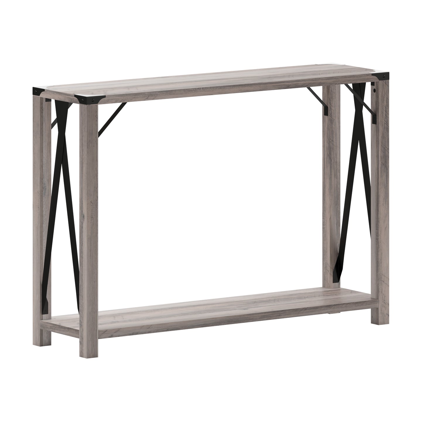 Wyatt Modern Farmhouse Wooden 2 Tier Console Entry Table with Black Metal Corner Accents and Cross Bracing, Gray Wash Gray Wash