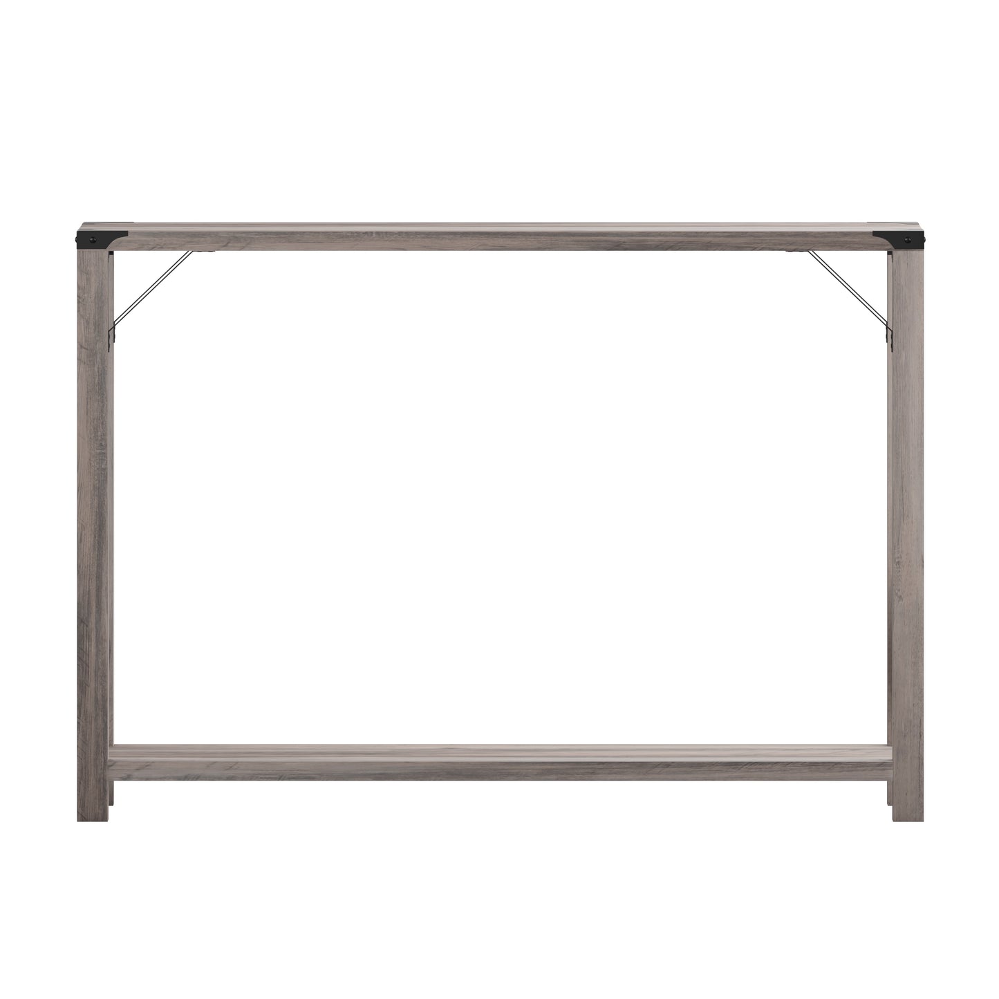 Wyatt Modern Farmhouse Wooden 2 Tier Console Entry Table with Black Metal Corner Accents and Cross Bracing, Gray Wash Gray Wash
