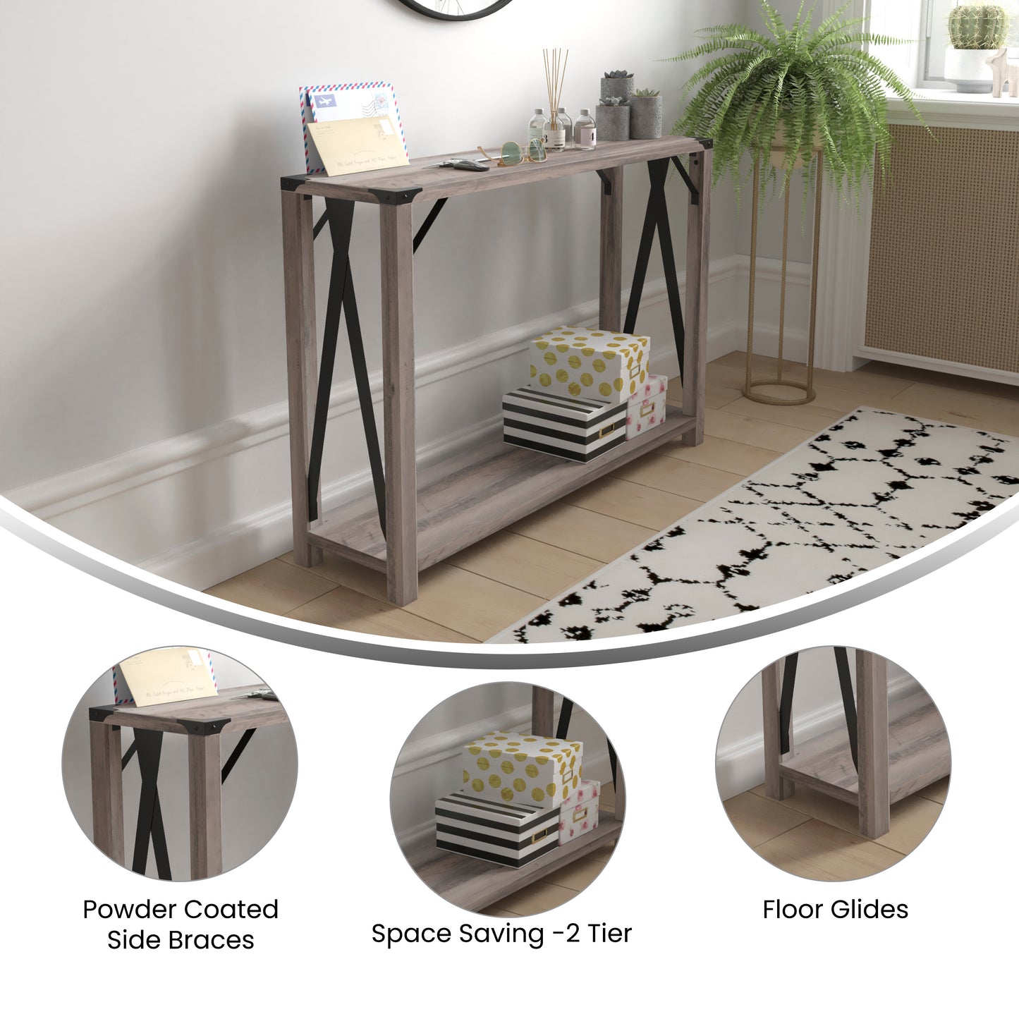 Wyatt Modern Farmhouse Wooden 2 Tier Console Entry Table with Black Metal Corner Accents and Cross Bracing, Gray Wash Gray Wash