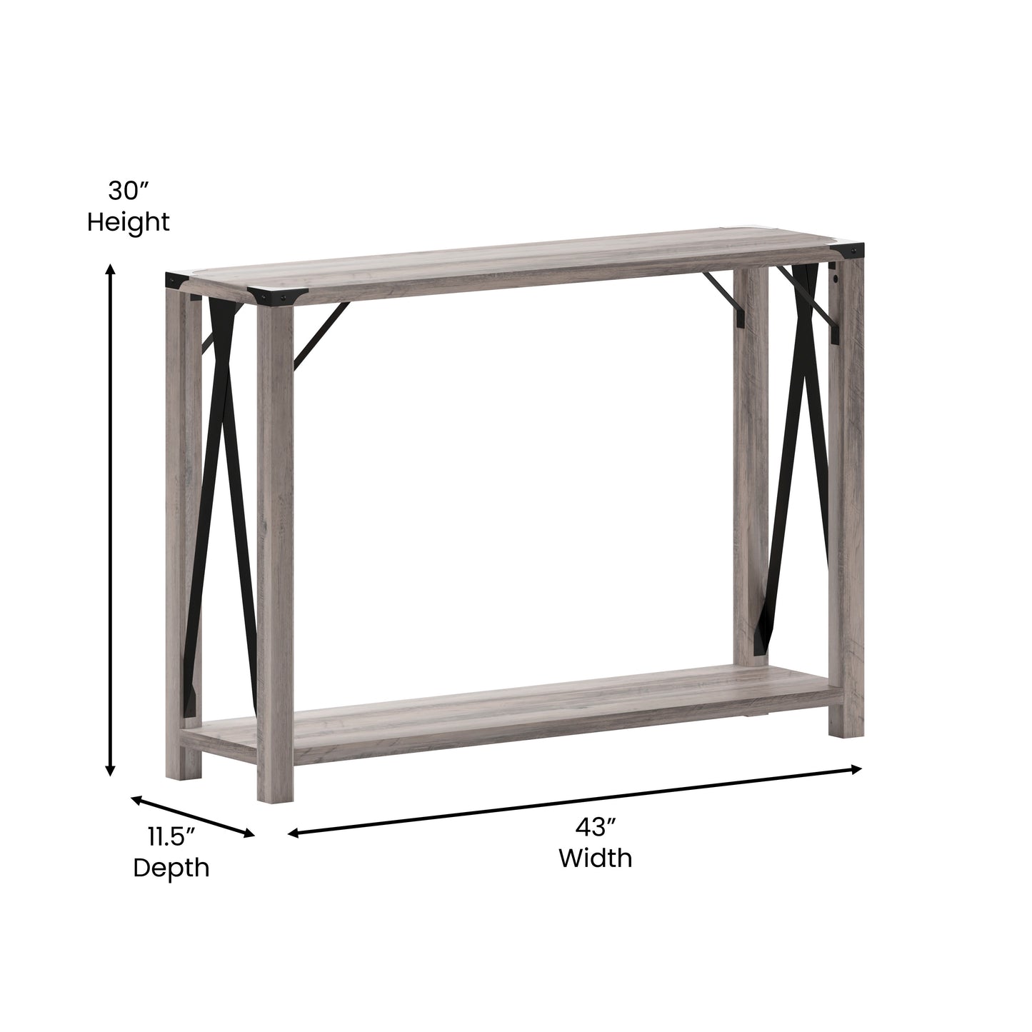 Wyatt Modern Farmhouse Wooden 2 Tier Console Entry Table with Black Metal Corner Accents and Cross Bracing, Gray Wash Gray Wash