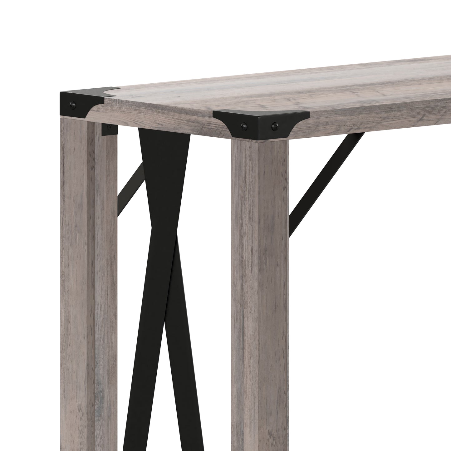 Wyatt Modern Farmhouse Wooden 2 Tier Console Entry Table with Black Metal Corner Accents and Cross Bracing, Gray Wash Gray Wash