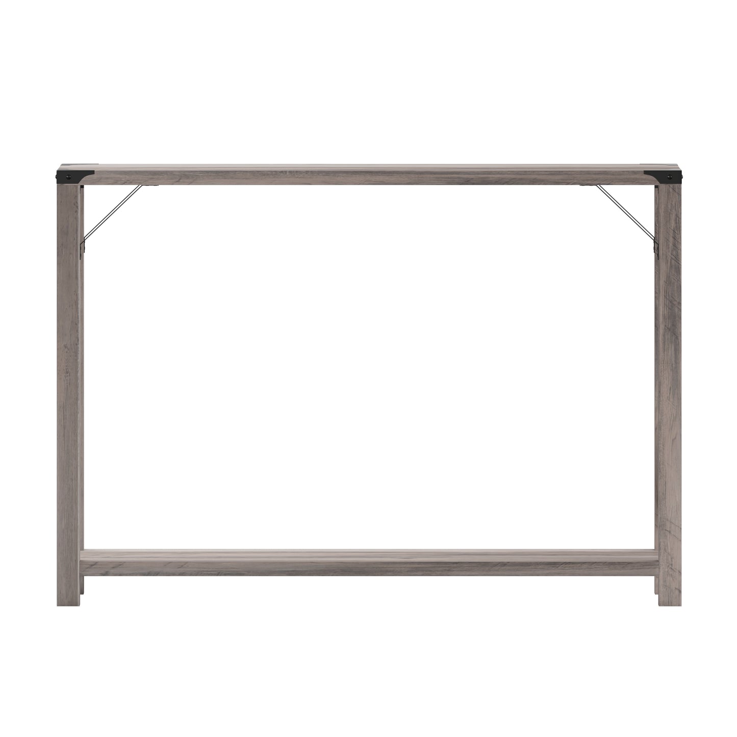 Wyatt Modern Farmhouse Wooden 2 Tier Console Entry Table with Black Metal Corner Accents and Cross Bracing, Gray Wash Gray Wash