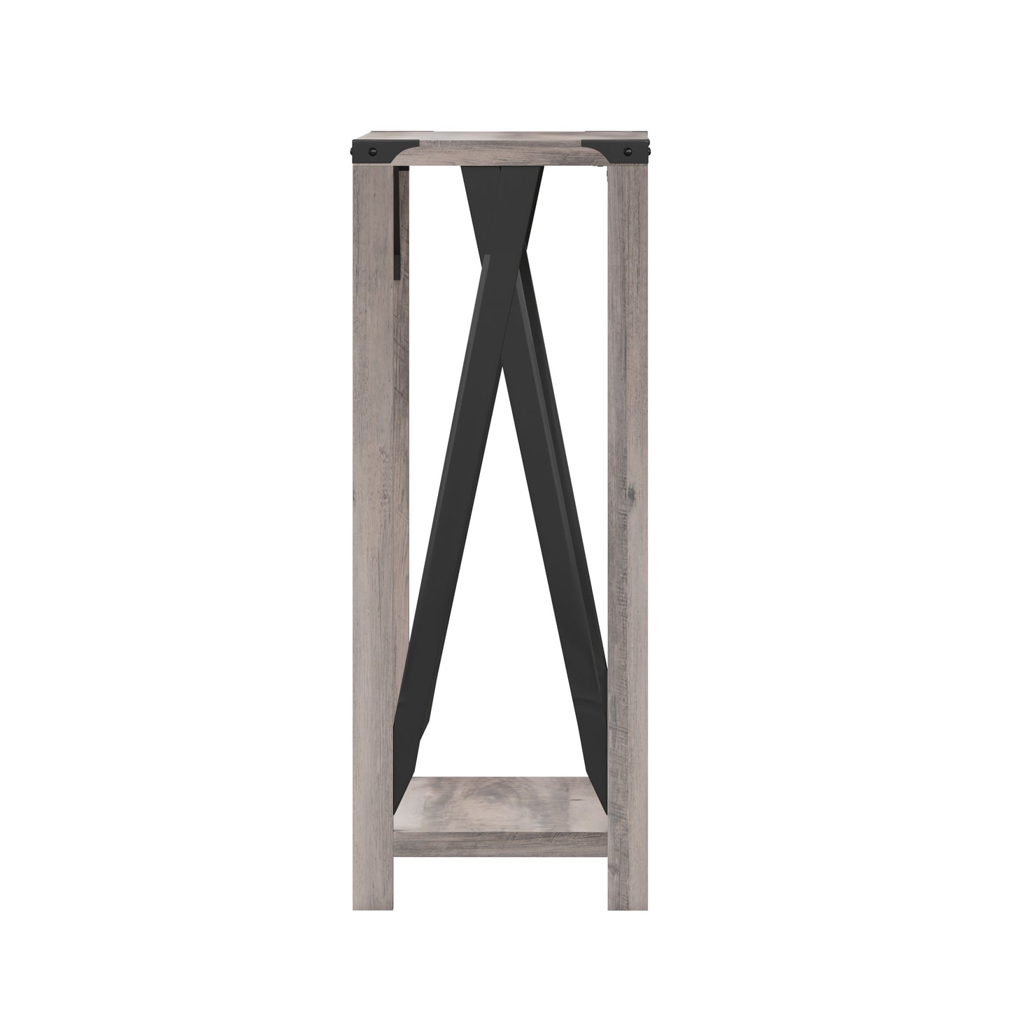 Wyatt Modern Farmhouse Wooden 2 Tier Console Entry Table with Black Metal Corner Accents and Cross Bracing, Gray Wash Gray Wash
