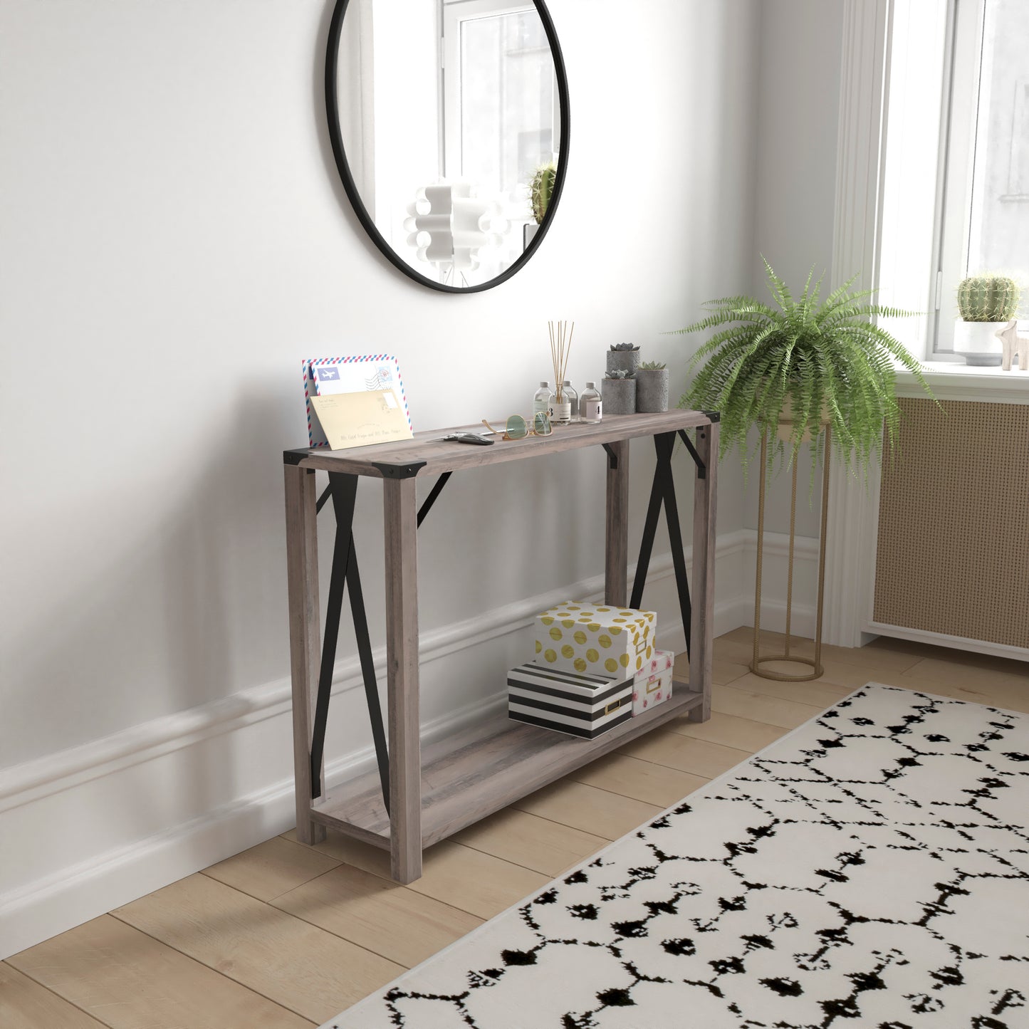 Wyatt Modern Farmhouse Wooden 2 Tier Console Entry Table with Black Metal Corner Accents and Cross Bracing, Gray Wash Gray Wash