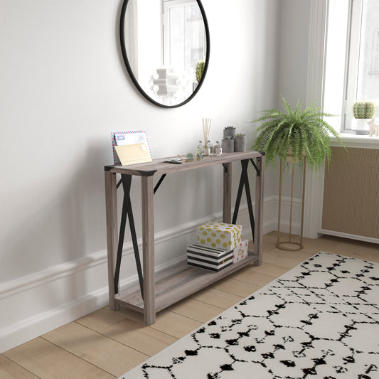 Wyatt Modern Farmhouse Wooden 2 Tier Console Entry Table with Black Metal Corner Accents and Cross Bracing, Gray Wash Gray Wash ZG-038-GY-GG