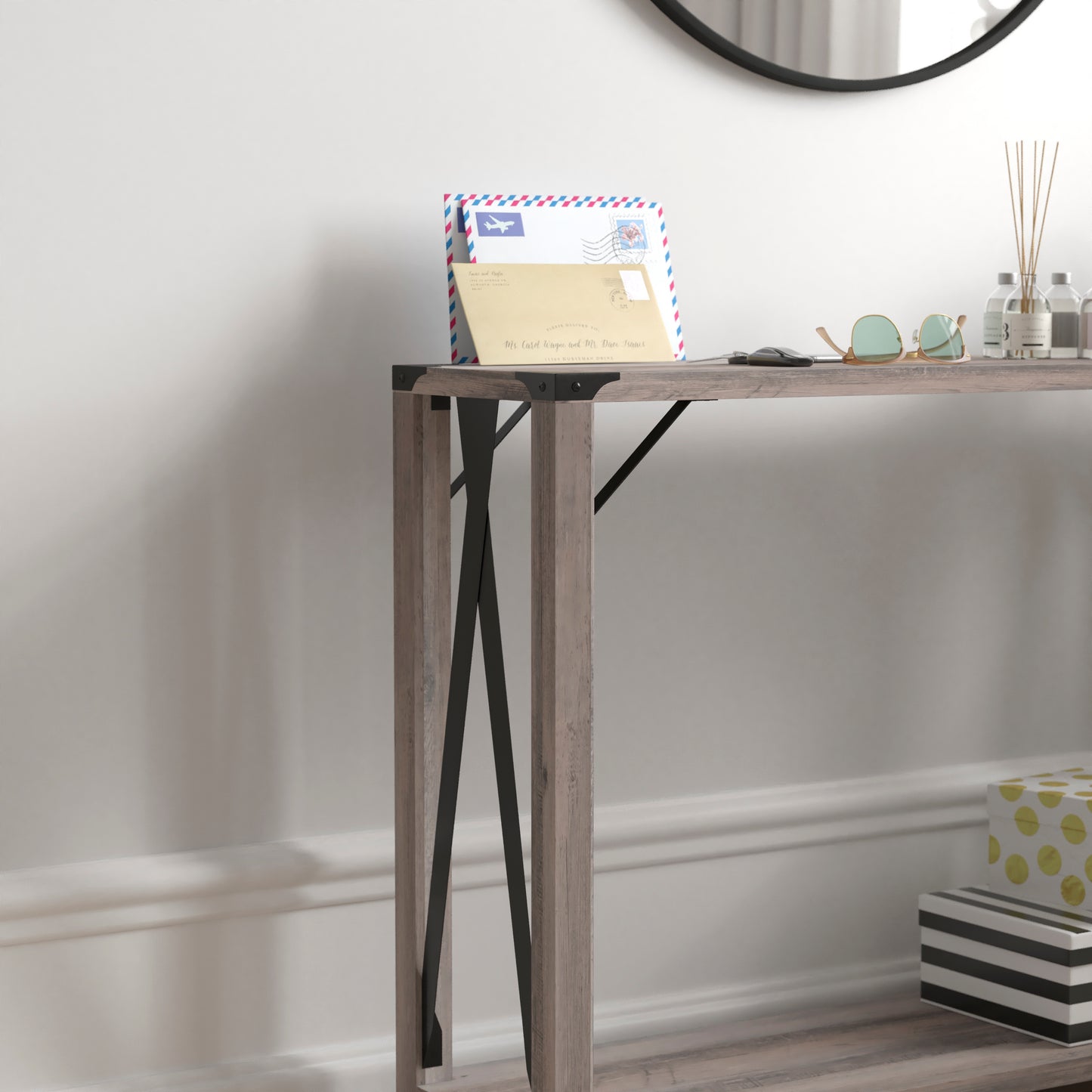 Wyatt Modern Farmhouse Wooden 2 Tier Console Entry Table with Black Metal Corner Accents and Cross Bracing, Gray Wash Gray Wash