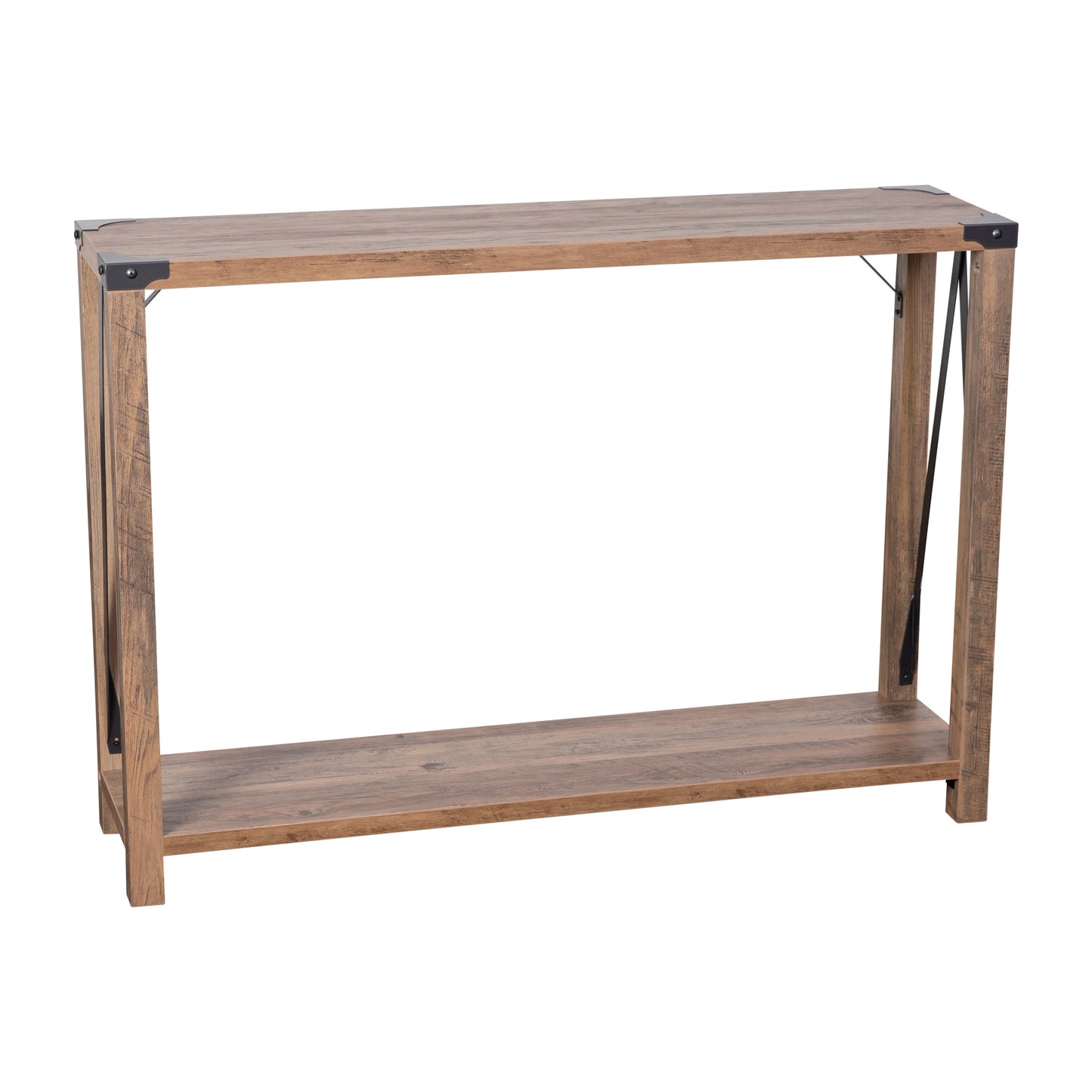 Wyatt Modern Farmhouse Wooden 2 Tier Console Entry Table with Black Metal Corner Accents and Cross Bracing, Rustic Oak Rustic Oak