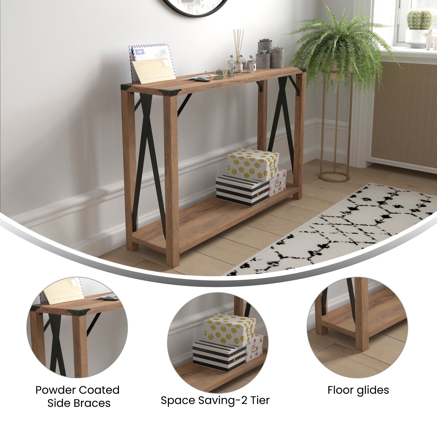Wyatt Modern Farmhouse Wooden 2 Tier Console Entry Table with Black Metal Corner Accents and Cross Bracing, Rustic Oak Rustic Oak