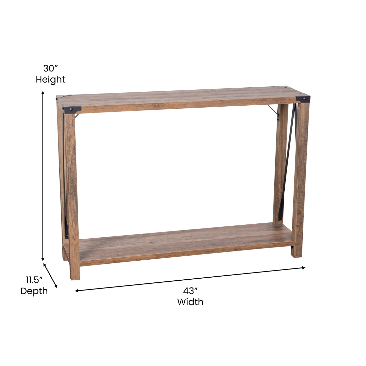 Wyatt Modern Farmhouse Wooden 2 Tier Console Entry Table with Black Metal Corner Accents and Cross Bracing, Rustic Oak Rustic Oak