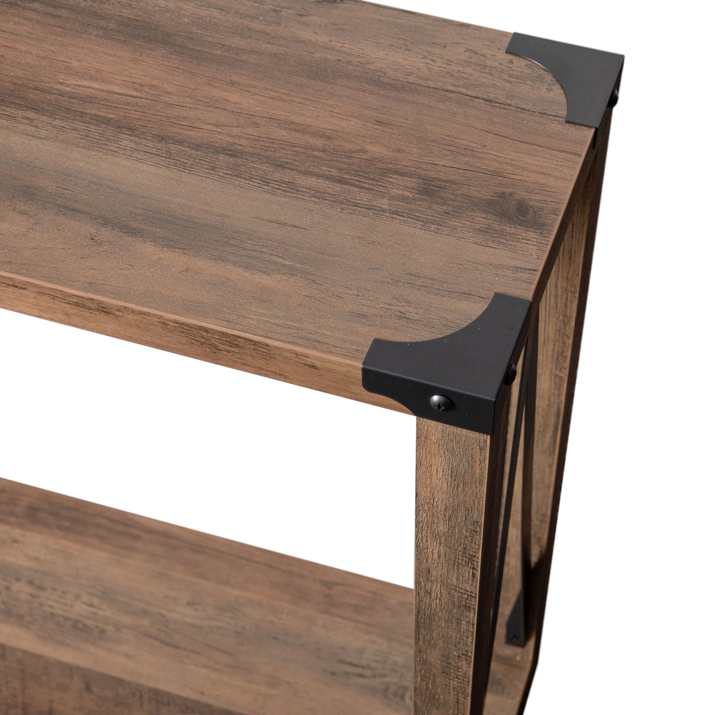 Wyatt Modern Farmhouse Wooden 2 Tier Console Entry Table with Black Metal Corner Accents and Cross Bracing, Rustic Oak Rustic Oak