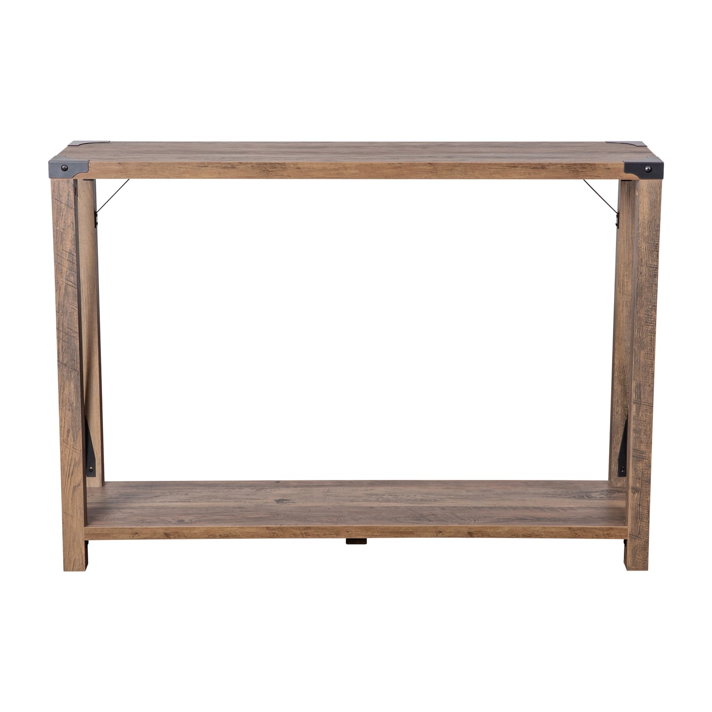 Wyatt Modern Farmhouse Wooden 2 Tier Console Entry Table with Black Metal Corner Accents and Cross Bracing, Rustic Oak Rustic Oak