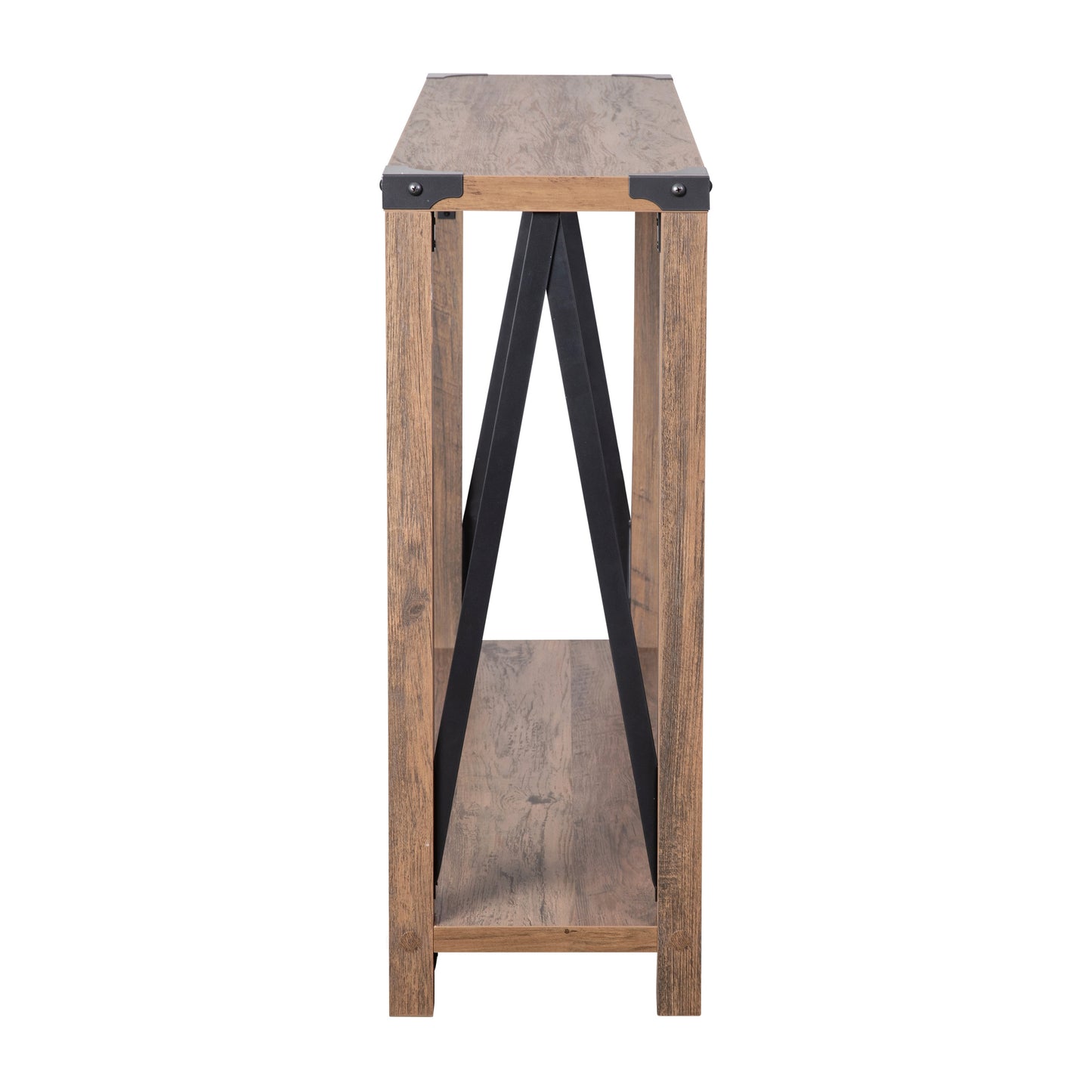 Wyatt Modern Farmhouse Wooden 2 Tier Console Entry Table with Black Metal Corner Accents and Cross Bracing, Rustic Oak Rustic Oak
