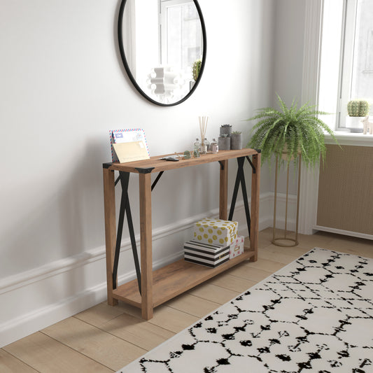 Wyatt Modern Farmhouse Wooden 2 Tier Console Entry Table with Black Metal Corner Accents and Cross Bracing, Rustic Oak Rustic Oak ZG-038-OAK-GG