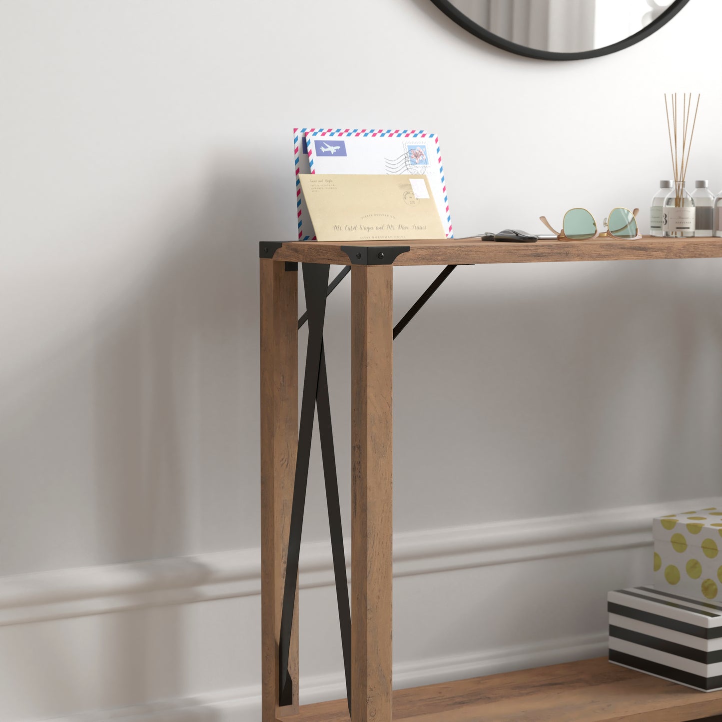 Wyatt Modern Farmhouse Wooden 2 Tier Console Entry Table with Black Metal Corner Accents and Cross Bracing, Rustic Oak Rustic Oak