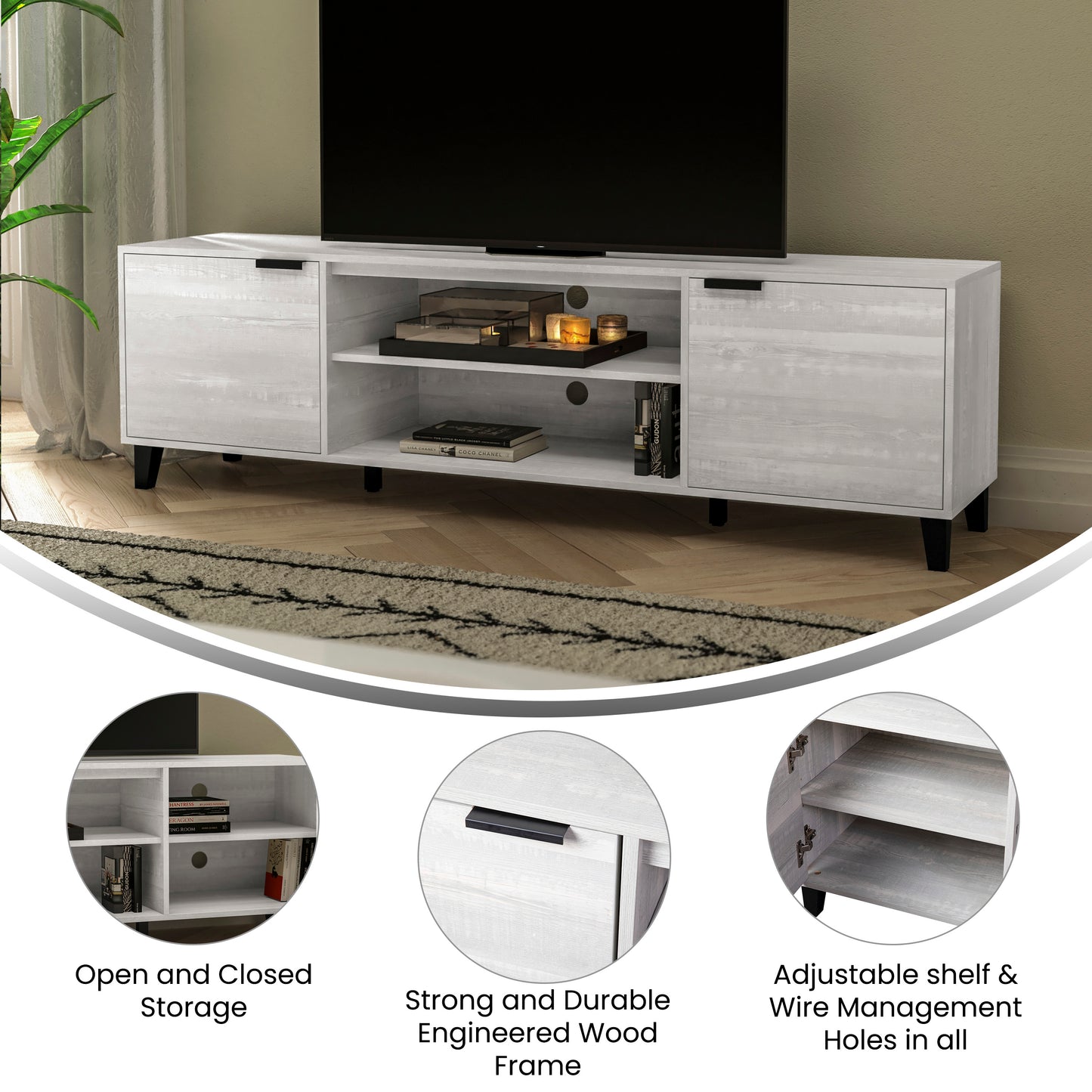 Nelson 70" Mid Century Modern TV Stand for up to 60" TV's with Adjustable Shelves and Dual Storage Compartments, Gray Gray
