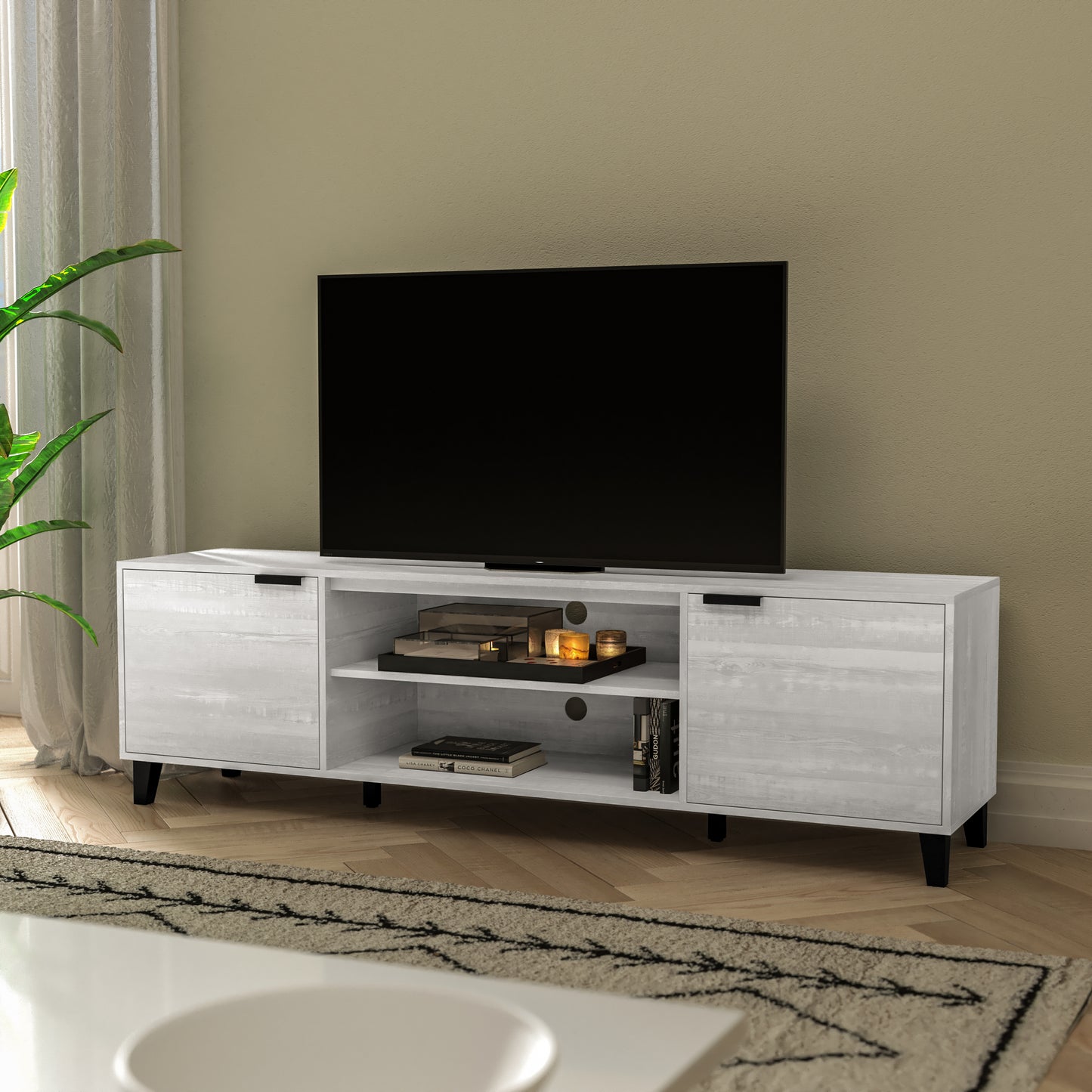 Nelson 70" Mid Century Modern TV Stand for up to 60" TV's with Adjustable Shelves and Dual Storage Compartments, Gray Gray