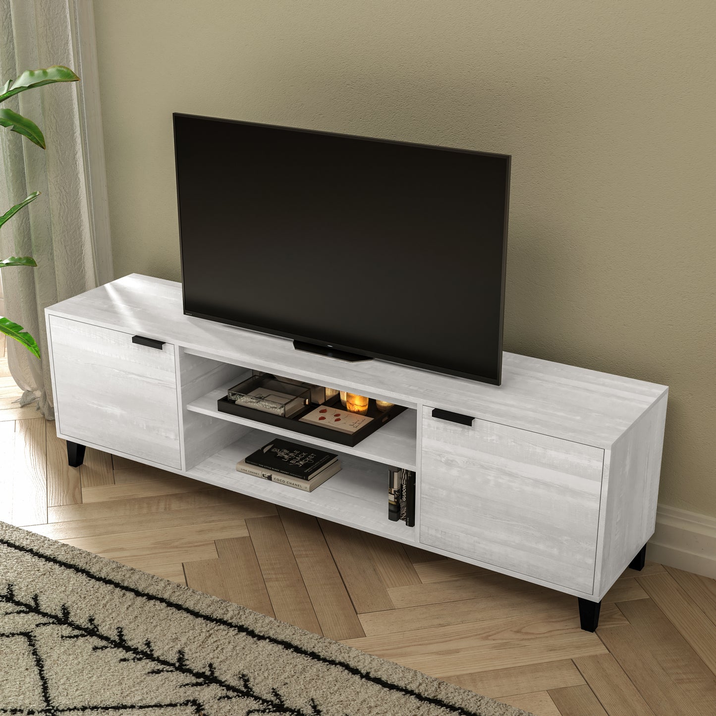 Nelson 70" Mid Century Modern TV Stand for up to 60" TV's with Adjustable Shelves and Dual Storage Compartments, Gray Gray