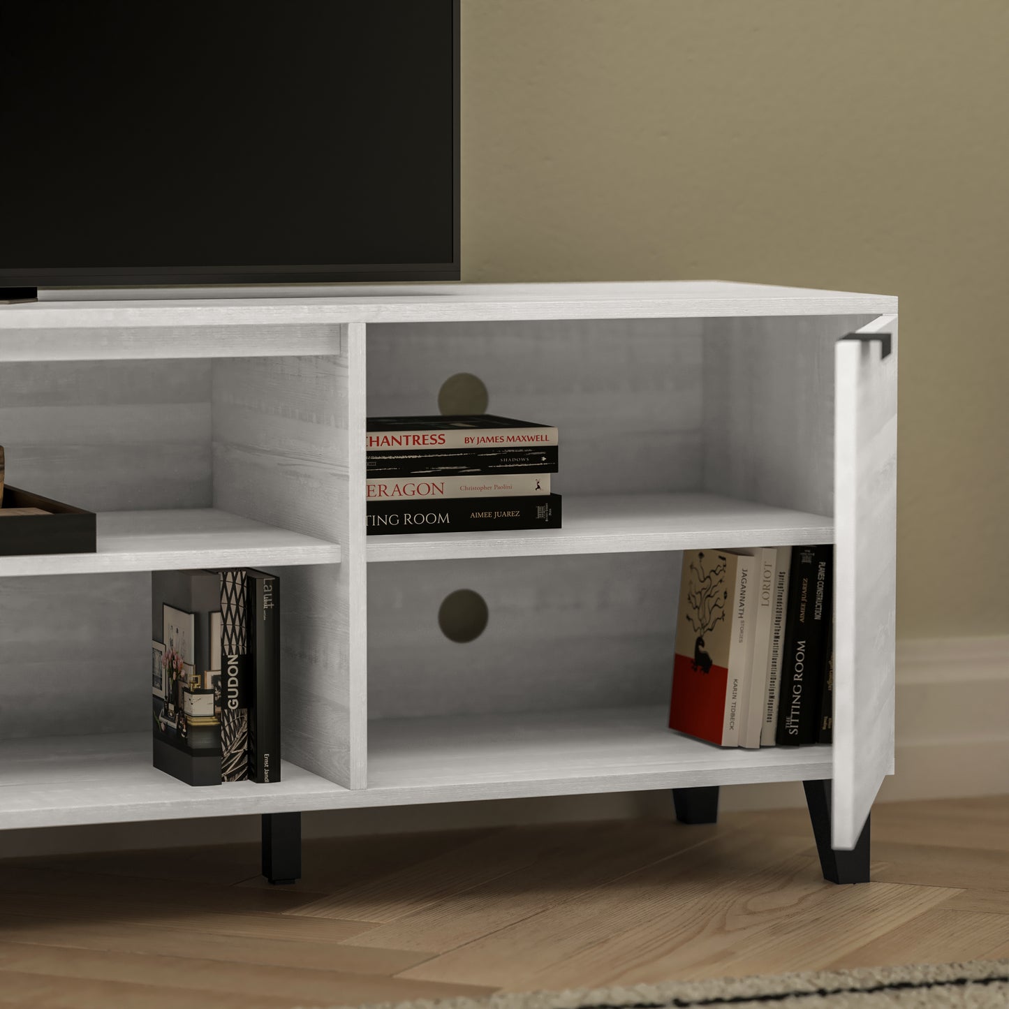 Nelson 70" Mid Century Modern TV Stand for up to 60" TV's with Adjustable Shelves and Dual Storage Compartments, Gray Gray