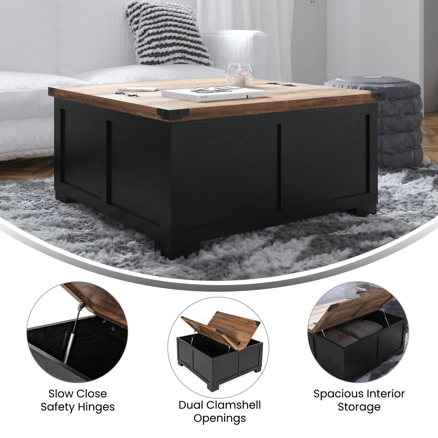 Wyatt 35.75" Farmhouse Storage Coffee Table with Hinged Lift Top, Large Coffee Table with Hidden Storage, Two Tone Finish, Black/Rustic Oak Black