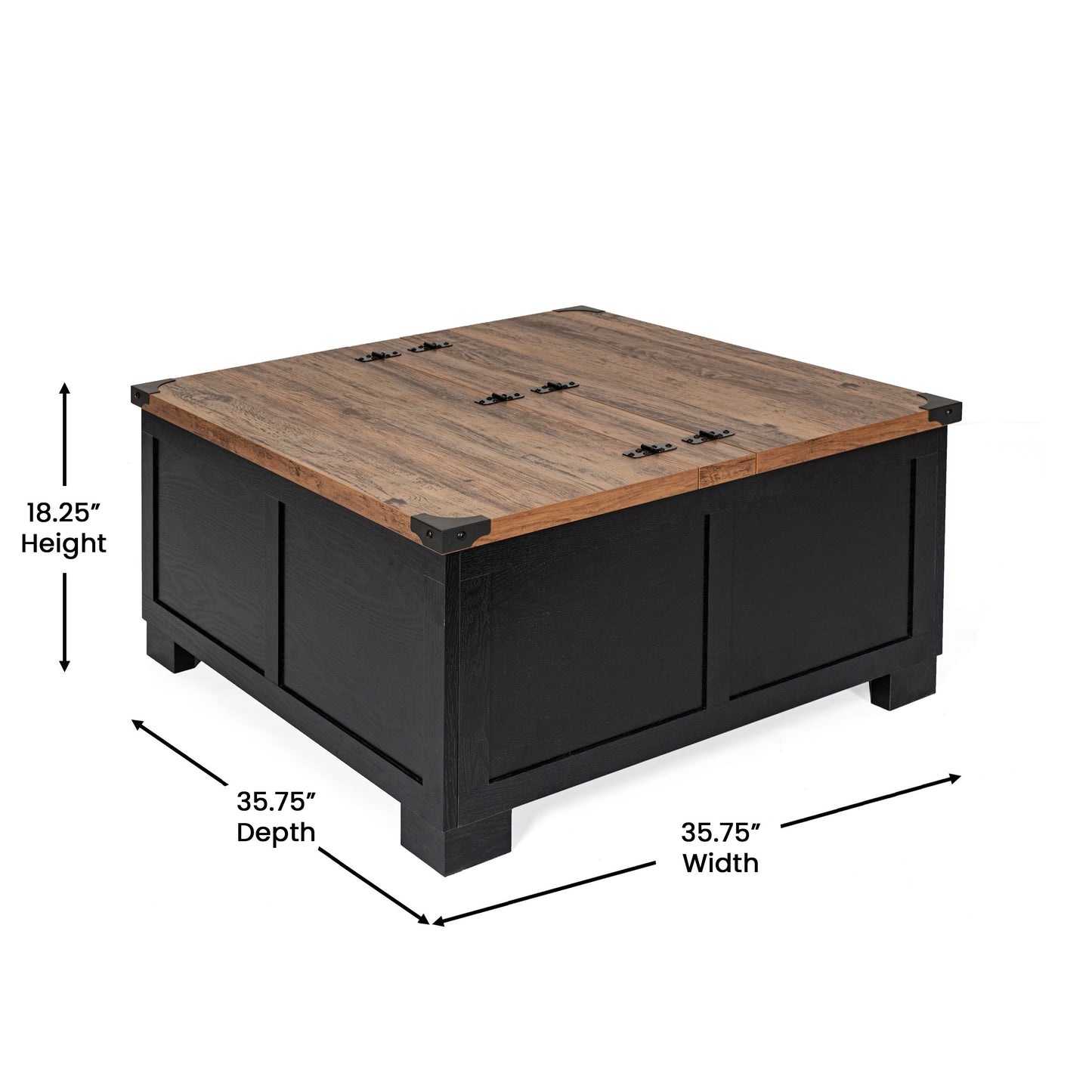 Wyatt 35.75" Farmhouse Storage Coffee Table with Hinged Lift Top, Large Coffee Table with Hidden Storage, Two Tone Finish, Black/Rustic Oak Black