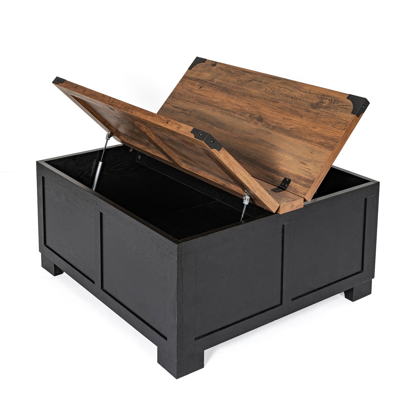 Wyatt 35.75" Farmhouse Storage Coffee Table with Hinged Lift Top, Large Coffee Table with Hidden Storage, Two Tone Finish, Black/Rustic Oak Black