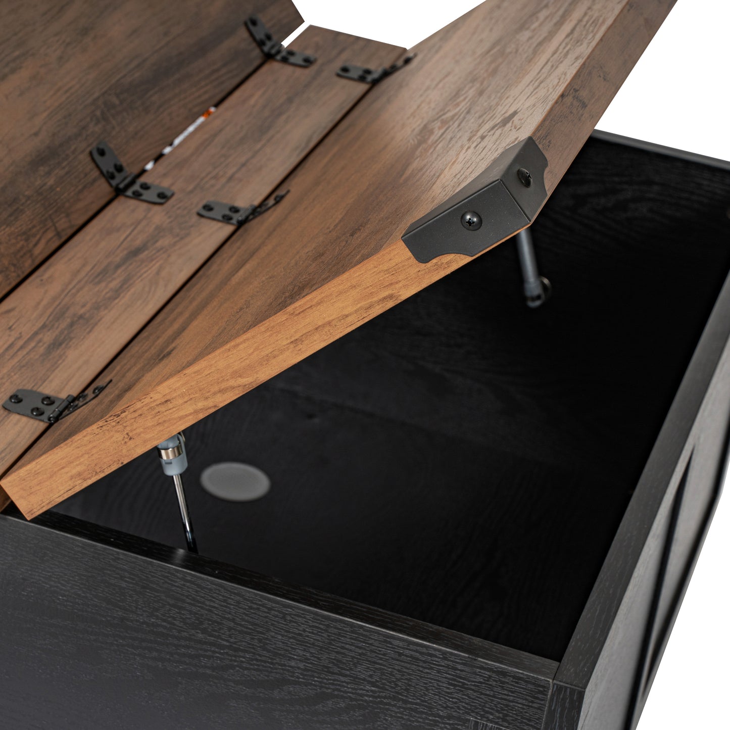 Wyatt 35.75" Farmhouse Storage Coffee Table with Hinged Lift Top, Large Coffee Table with Hidden Storage, Two Tone Finish, Black/Rustic Oak Black