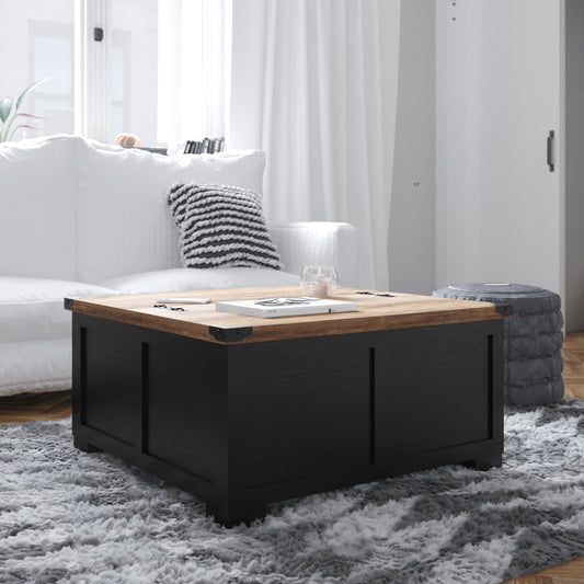 Wyatt 35.75" Farmhouse Storage Coffee Table with Hinged Lift Top, Large Coffee Table with Hidden Storage, Two Tone Finish, Black/Rustic Oak Black ZG-ZP-030-BLK-GG