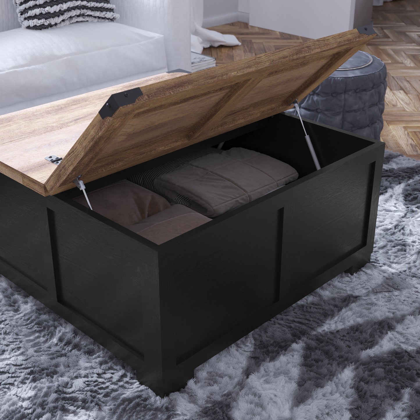 Wyatt 35.75" Farmhouse Storage Coffee Table with Hinged Lift Top, Large Coffee Table with Hidden Storage, Two Tone Finish, Black/Rustic Oak Black