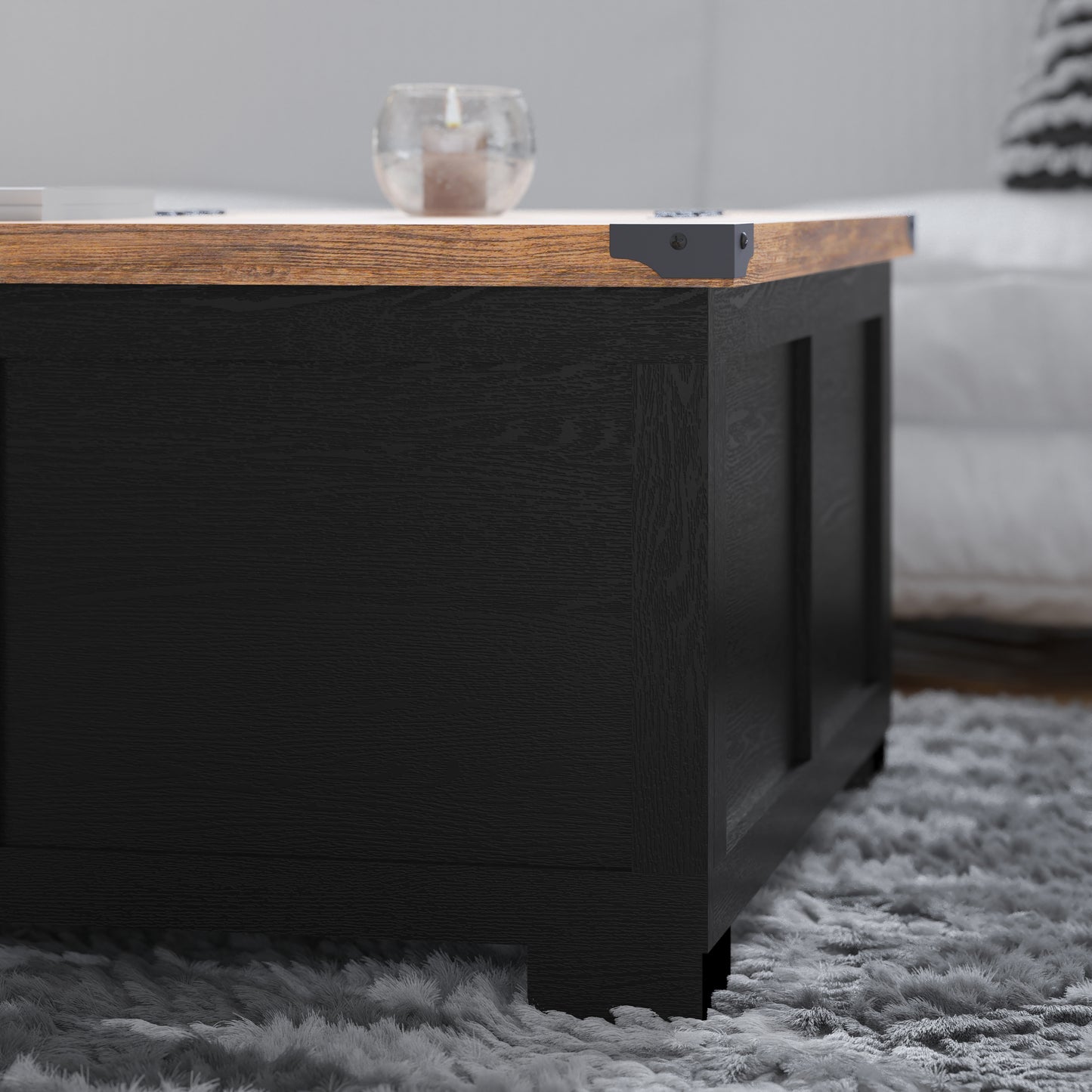 Wyatt 35.75" Farmhouse Storage Coffee Table with Hinged Lift Top, Large Coffee Table with Hidden Storage, Two Tone Finish, Black/Rustic Oak Black