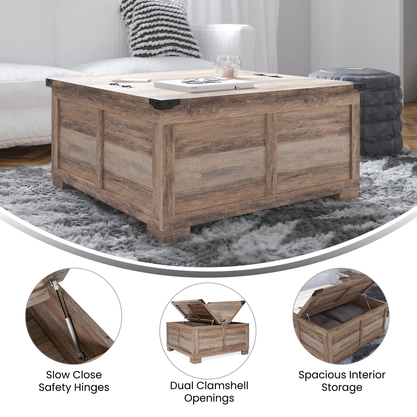 Wyatt 35.75" Farmhouse Storage Coffee Table with Hinged Lift Top, Large Coffee Table with Hidden Storage, Gray Wash Gray Wash