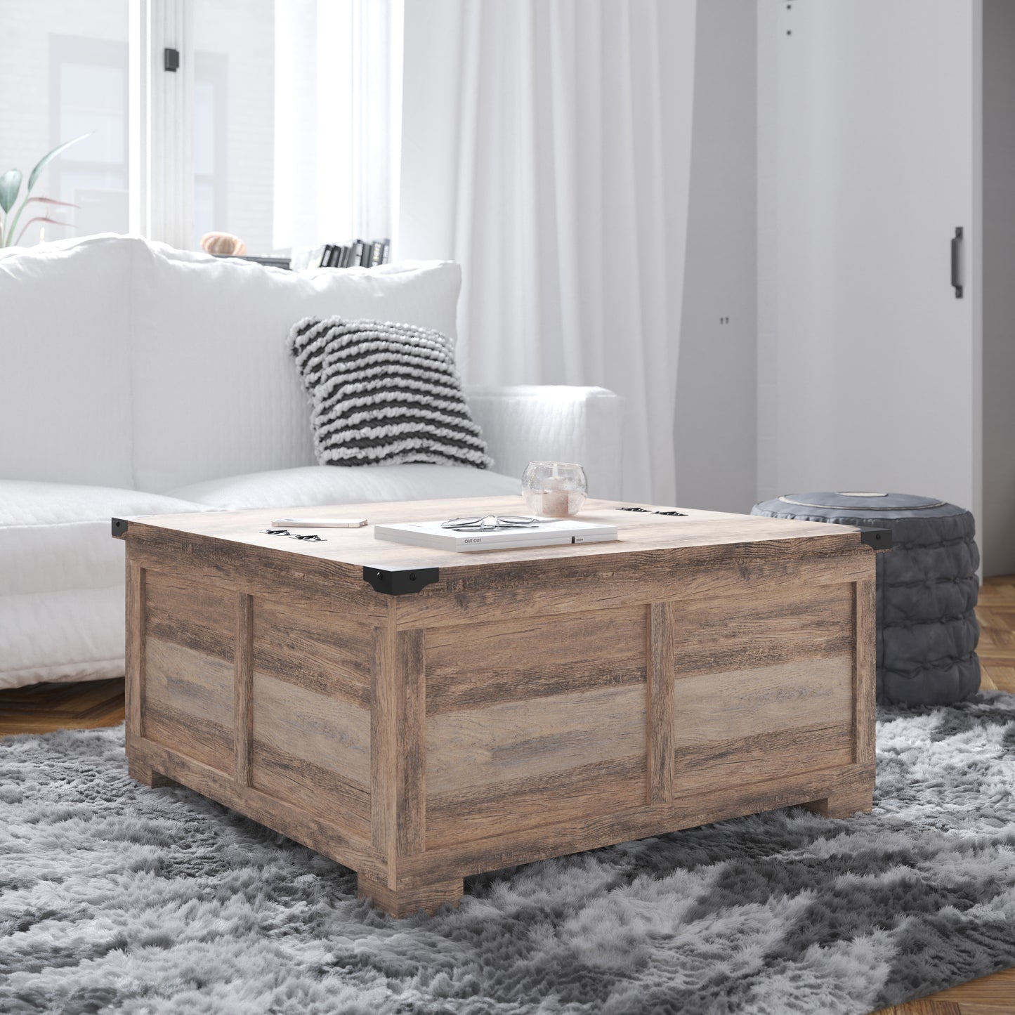 Wyatt 35.75" Farmhouse Storage Coffee Table with Hinged Lift Top, Large Coffee Table with Hidden Storage, Gray Wash Gray Wash