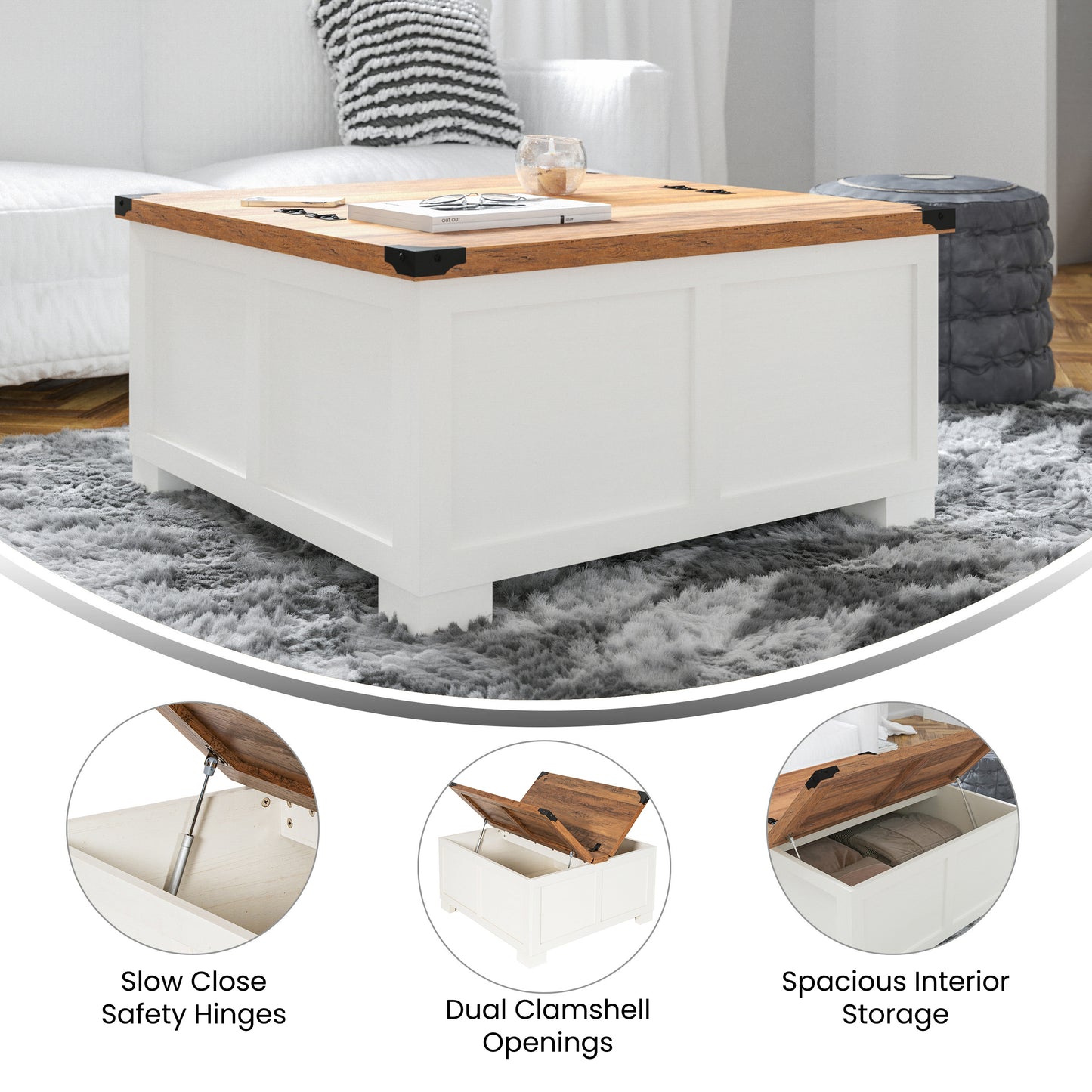 Wyatt 35.75" Farmhouse Storage Coffee Table with Hinged Lift Top, Large Coffee Table with Hidden Storage, Two Tone Finish, White/Rustic Oak White