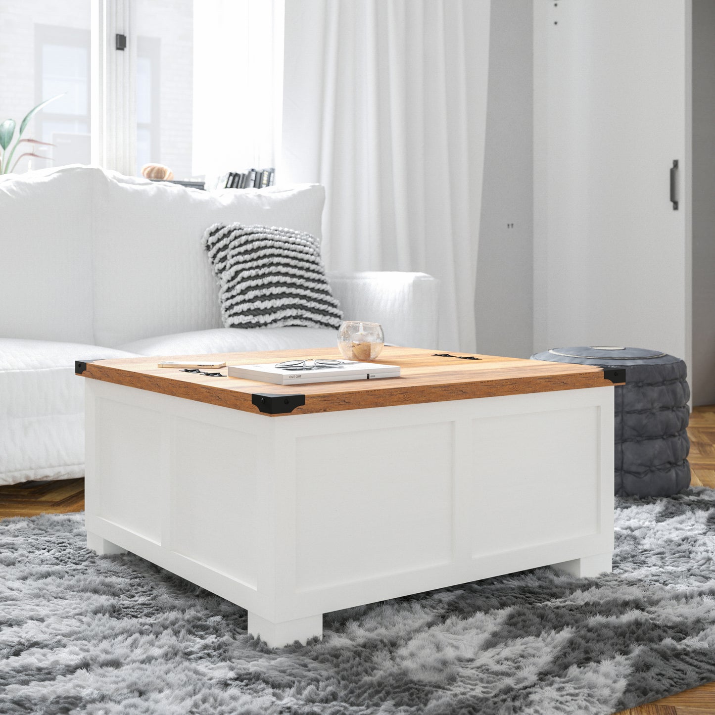 Wyatt 35.75" Farmhouse Storage Coffee Table with Hinged Lift Top, Large Coffee Table with Hidden Storage, Two Tone Finish, White/Rustic Oak White