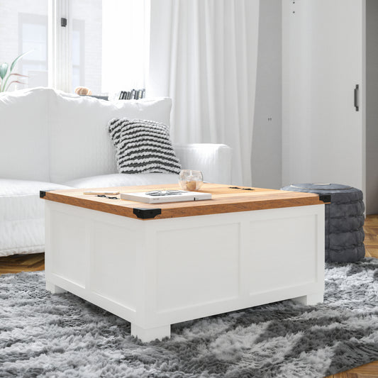 Wyatt 35.75" Farmhouse Storage Coffee Table with Hinged Lift Top, Large Coffee Table with Hidden Storage, Two Tone Finish, White/Rustic Oak White ZG-ZP-030-WT-GG