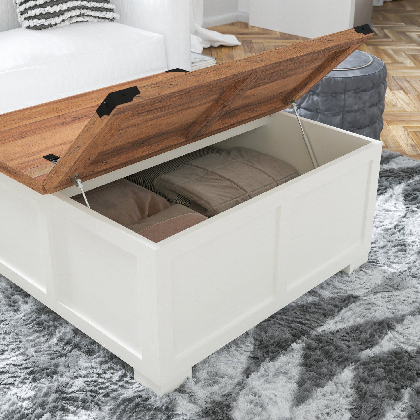 Wyatt 35.75" Farmhouse Storage Coffee Table with Hinged Lift Top, Large Coffee Table with Hidden Storage, Two Tone Finish, White/Rustic Oak White