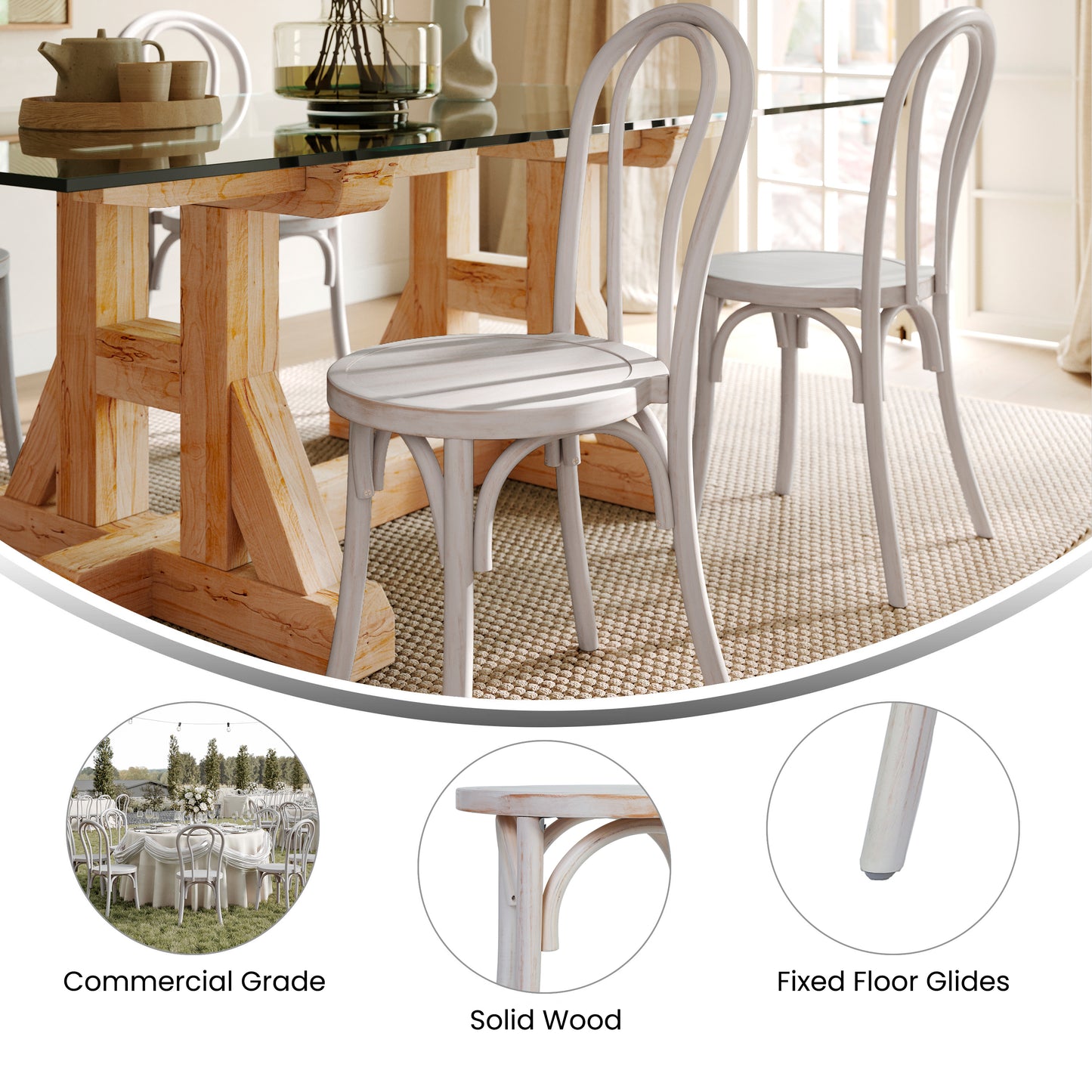 Betsy Commercial Grade White Wash Thonet Style Solid Wood Stackable Dining Chair White Wash