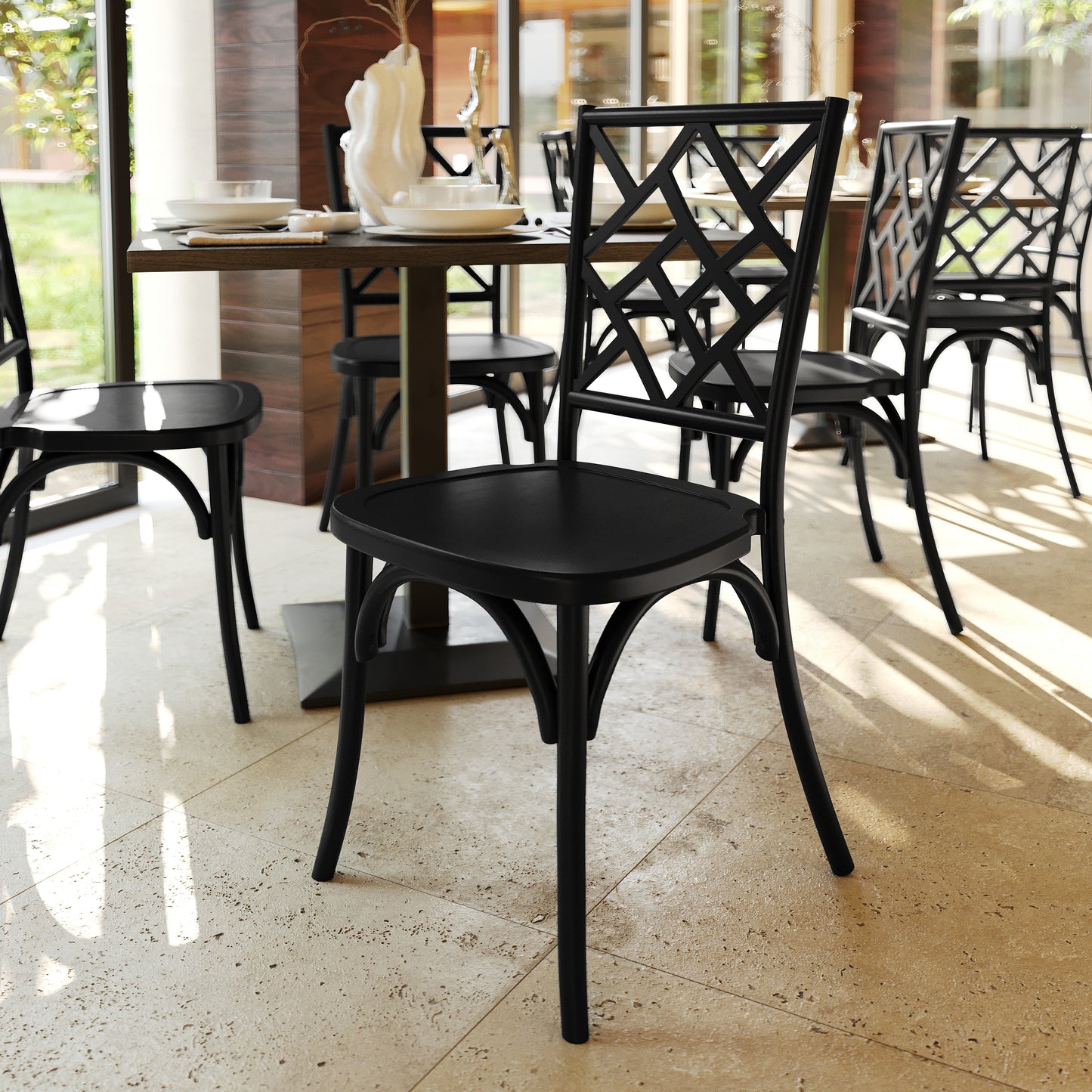 Brooklyn Commercial Grade Black Solid Wood Stackable Dining Chair with Intricate Back Detail Black