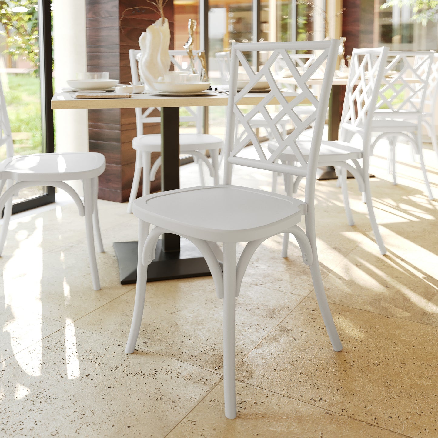 Brooklyn Commercial Grade White Solid Wood Stackable Dining Chair with Intricate Back Detail White