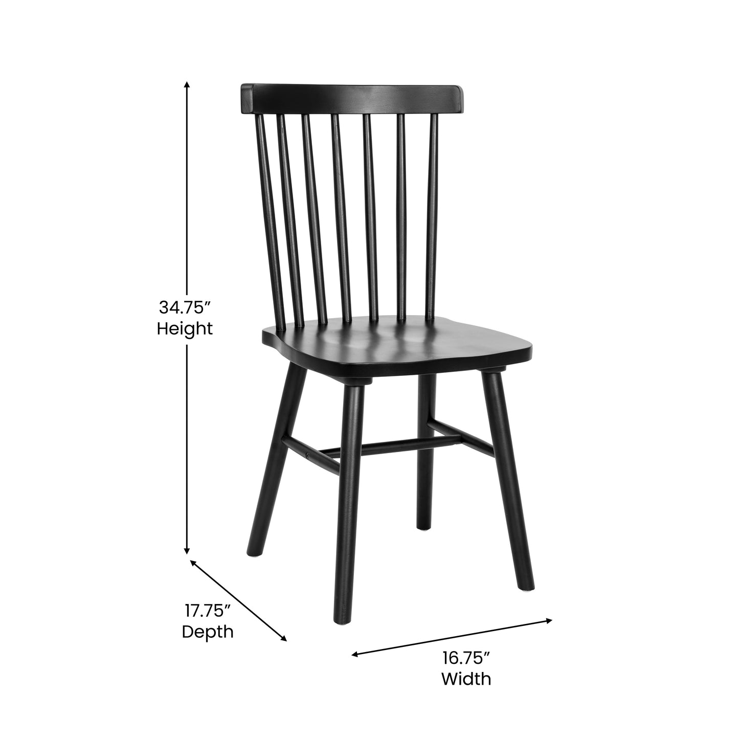 Ingrid Set of 2 Commercial Grade Windsor Dining Chairs, Solid Wood Armless Spindle Back Restaurant Dining Chairs in Black Black