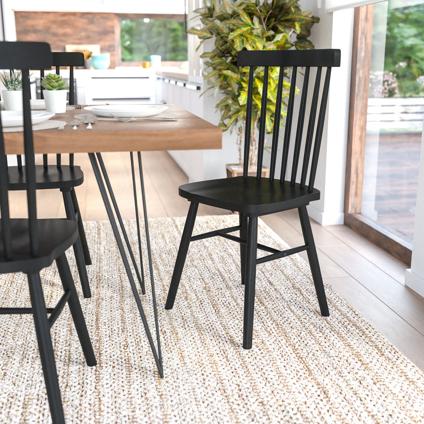 Ingrid Set of 2 Commercial Grade Windsor Dining Chairs, Solid Wood Armless Spindle Back Restaurant Dining Chairs in Black Black