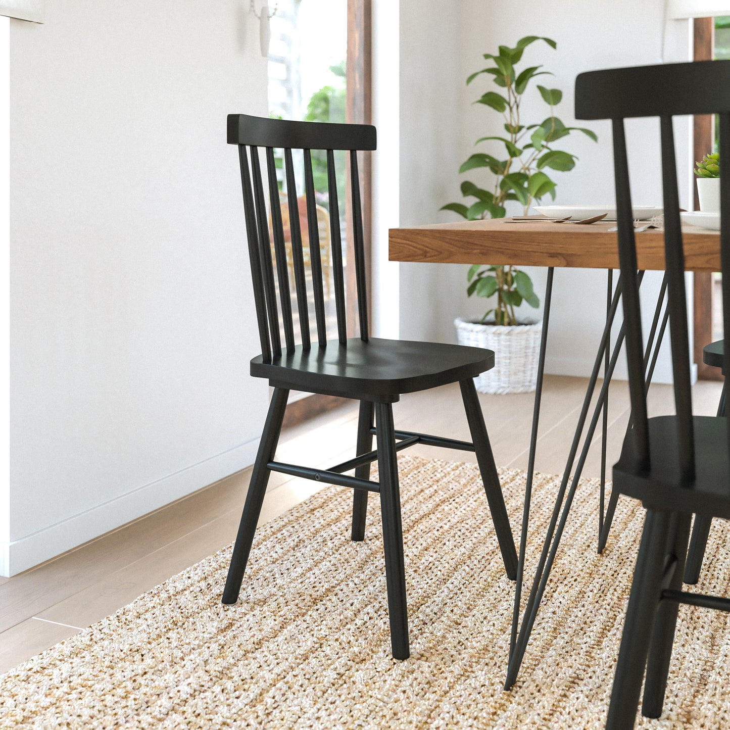 Ingrid Set of 2 Commercial Grade Windsor Dining Chairs, Solid Wood Armless Spindle Back Restaurant Dining Chairs in Black Black