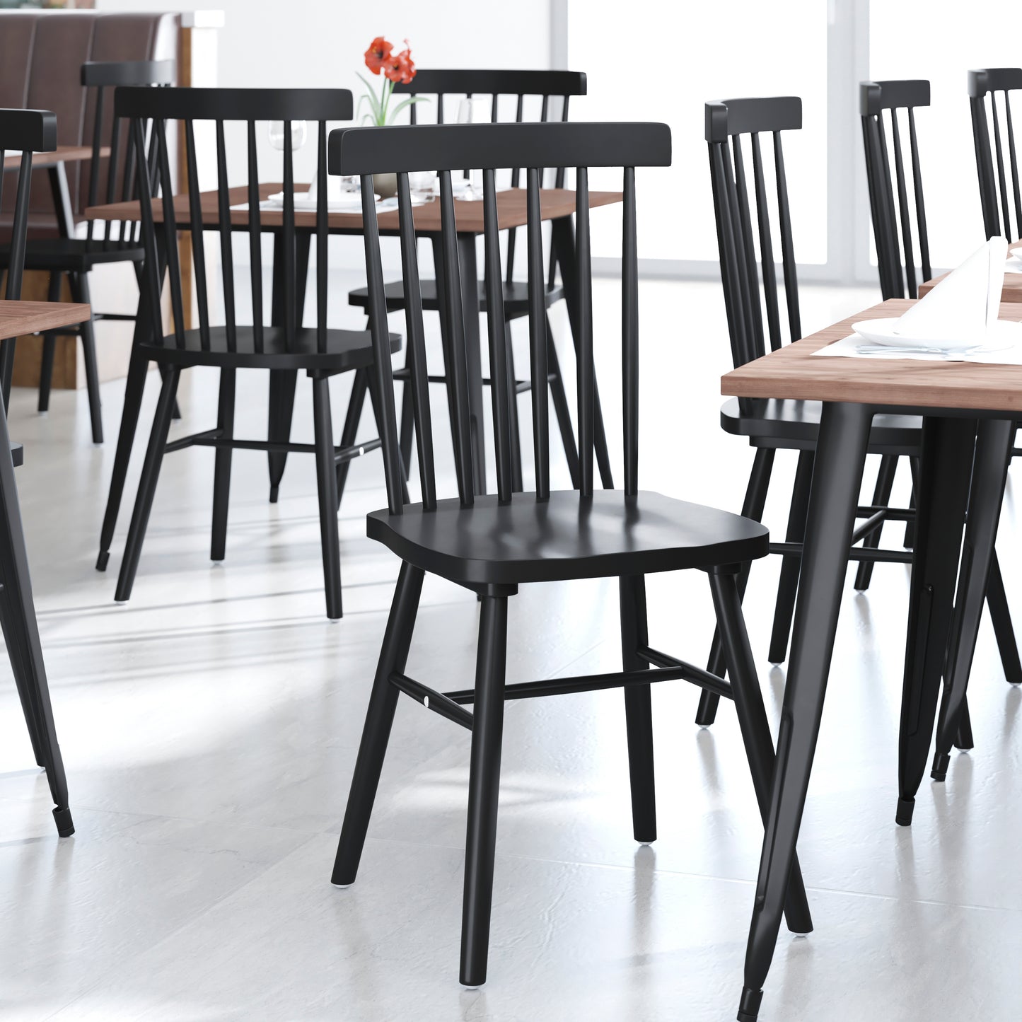 Ingrid Set of 2 Commercial Grade Windsor Dining Chairs, Solid Wood Armless Spindle Back Restaurant Dining Chairs in Black Black