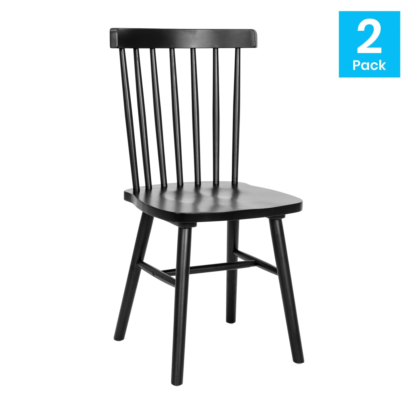 Ingrid Set of 2 Commercial Grade Windsor Dining Chairs, Solid Wood Armless Spindle Back Restaurant Dining Chairs in Black Black