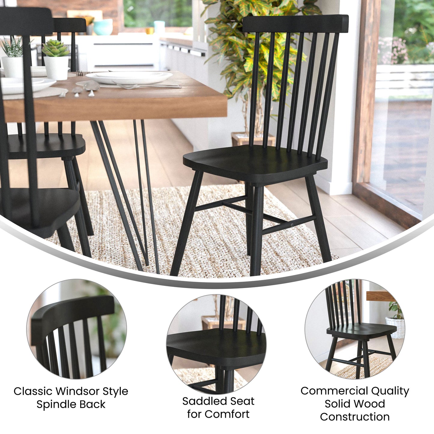 Ingrid Set of 2 Commercial Grade Windsor Dining Chairs, Solid Wood Armless Spindle Back Restaurant Dining Chairs in Black Black