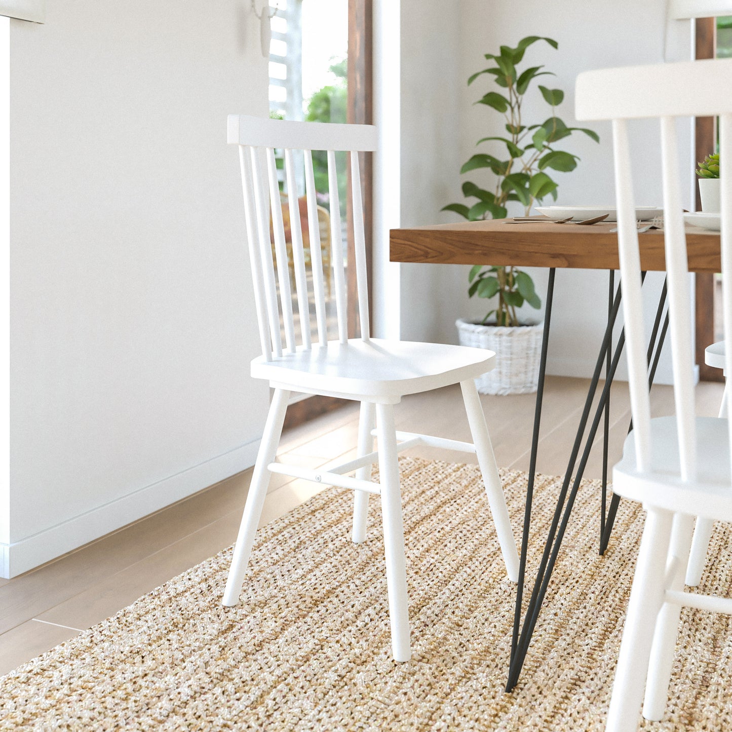 Ingrid Set of 2 Commercial Grade Windsor Dining Chairs, Solid Wood Armless Spindle Back Restaurant Dining Chairs in White White