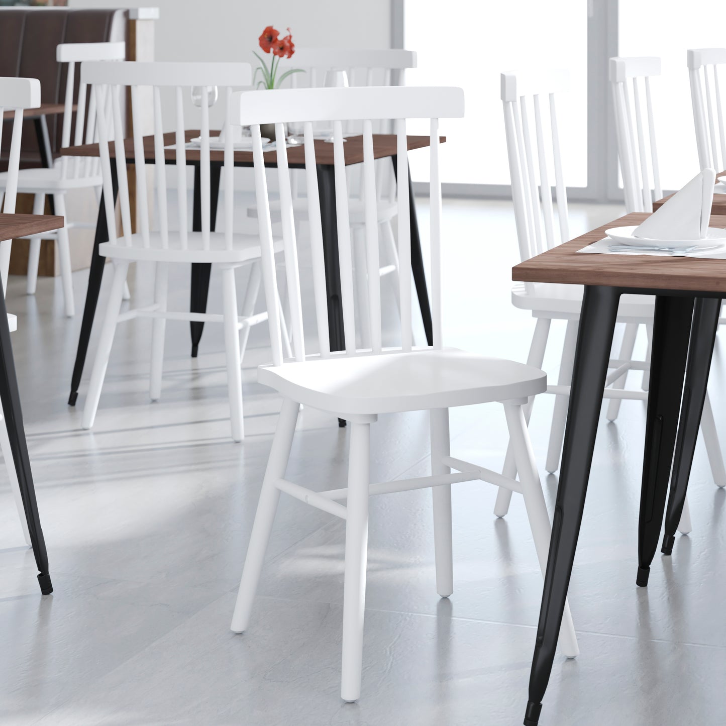 Ingrid Set of 2 Commercial Grade Windsor Dining Chairs, Solid Wood Armless Spindle Back Restaurant Dining Chairs in White White