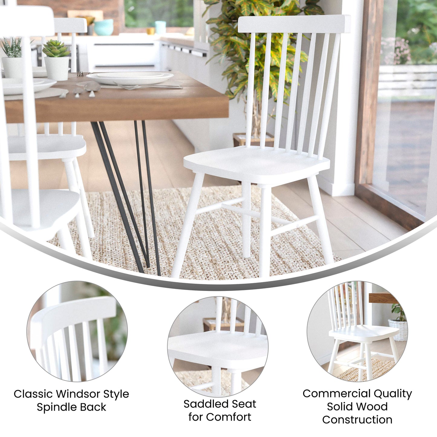Ingrid Set of 2 Commercial Grade Windsor Dining Chairs, Solid Wood Armless Spindle Back Restaurant Dining Chairs in White White