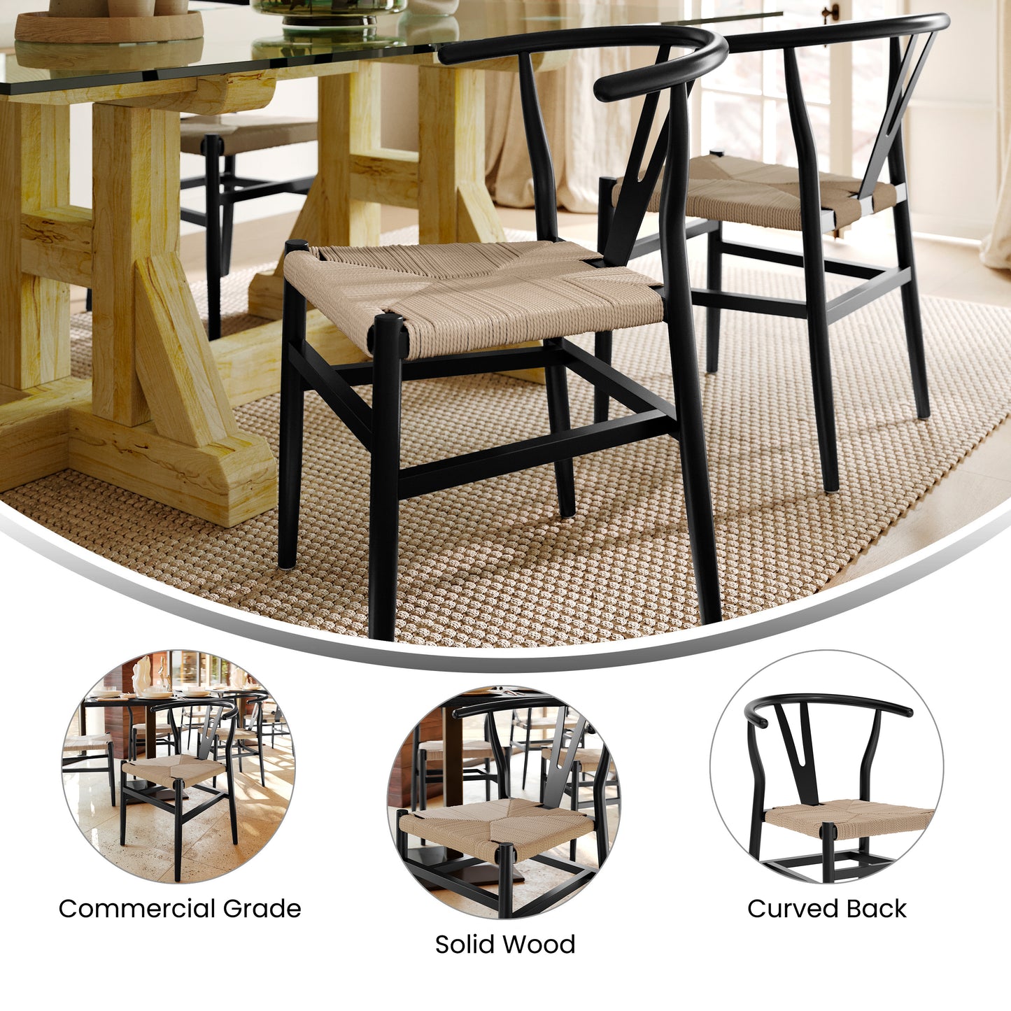Logan Commercial Grade Y-Back Style Wood and Kraft Paper Stackable Dining Chair with Black/Natural Finish Black Frame/Natural Seat