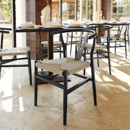 Logan Commercial Grade Y-Back Style Wood and Kraft Paper Stackable Dining Chair with Black/Natural Finish Black Frame/Natural Seat ZH-8101YS-BLK-NAT-GG